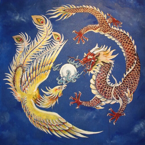 A painting of two dragons and a bird