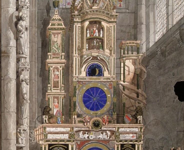 A large clock tower with a blue glass window.