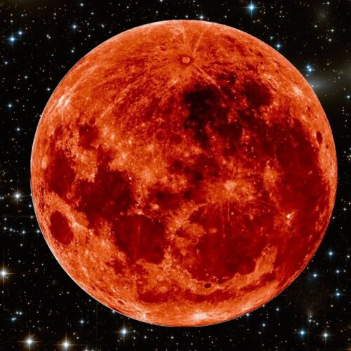 A red moon is shown in the sky.