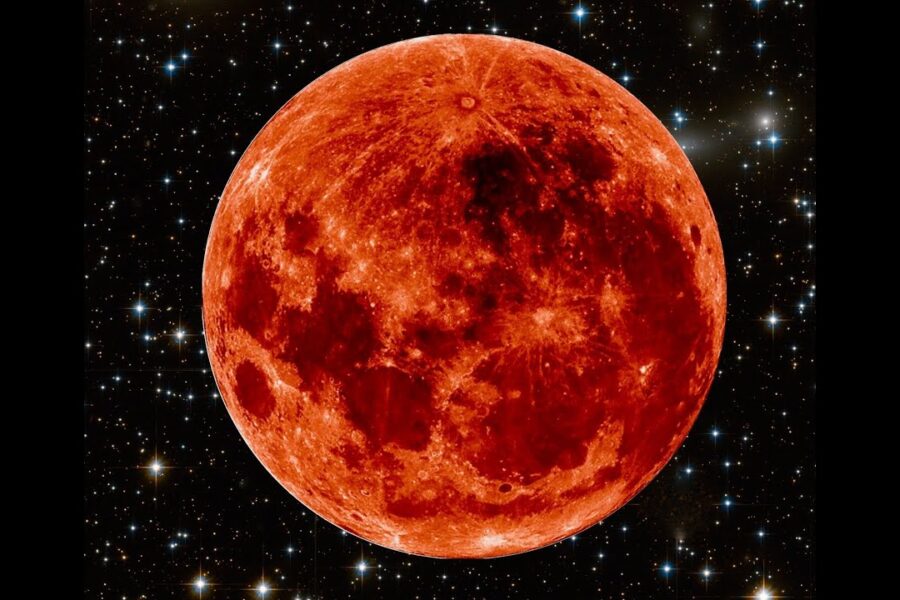 A red moon is shown in the sky.