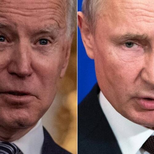 A split photo of joe biden and vladimir putin.