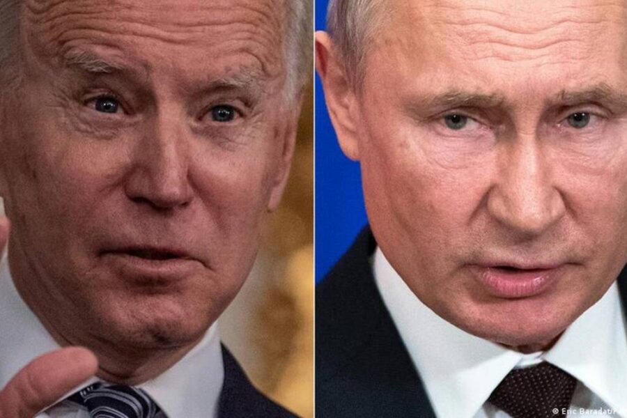 A split photo of joe biden and vladimir putin.