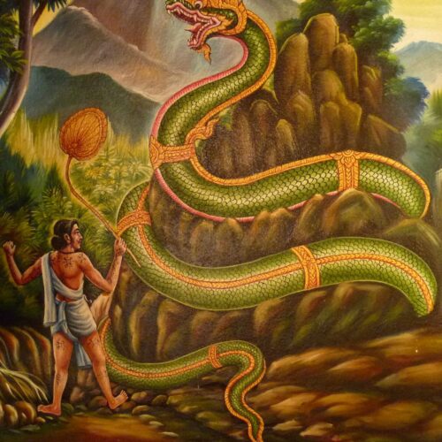 A painting of a snake and a man