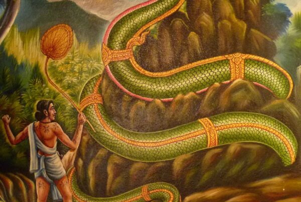 A painting of a snake and a man