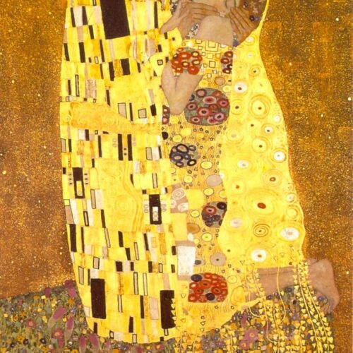 A painting of a woman in yellow and black.