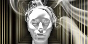 White statue head with swirling smoke effects.
