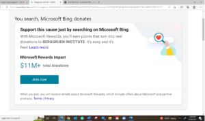 Microsoft Bing donation program information and join button.