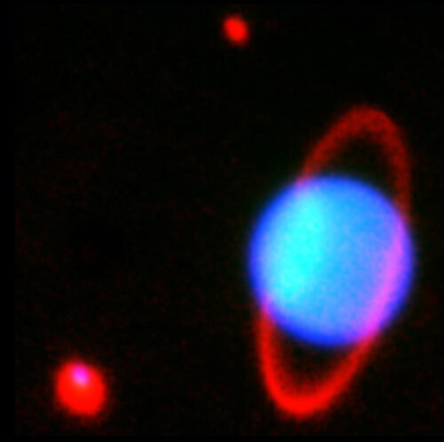 A blue and red image of the planet uranus.