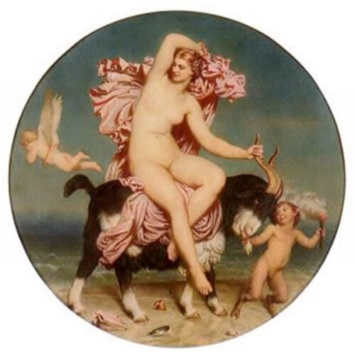 A painting of a woman on top of a horse.