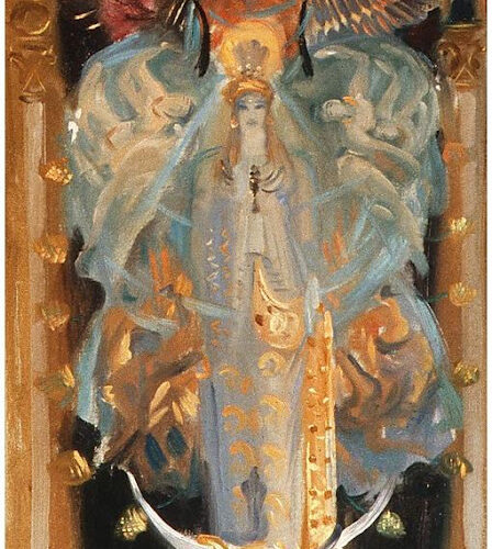 A painting of an angel with gold trim.