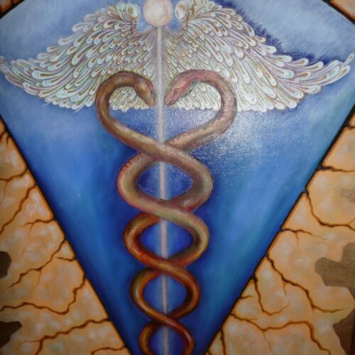 A painting of a medical symbol on the side of a wall.