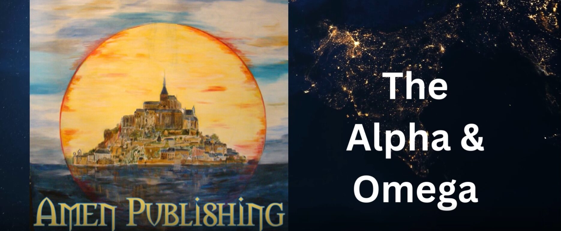 A painting of the moon and sun with the words " the alpha omega " on it.