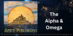 A painting of the moon and sun with the words " the alpha omega " on it.