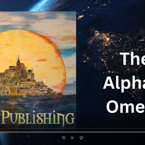 A painting of the moon and sun with the words " the alpha omega " on it.