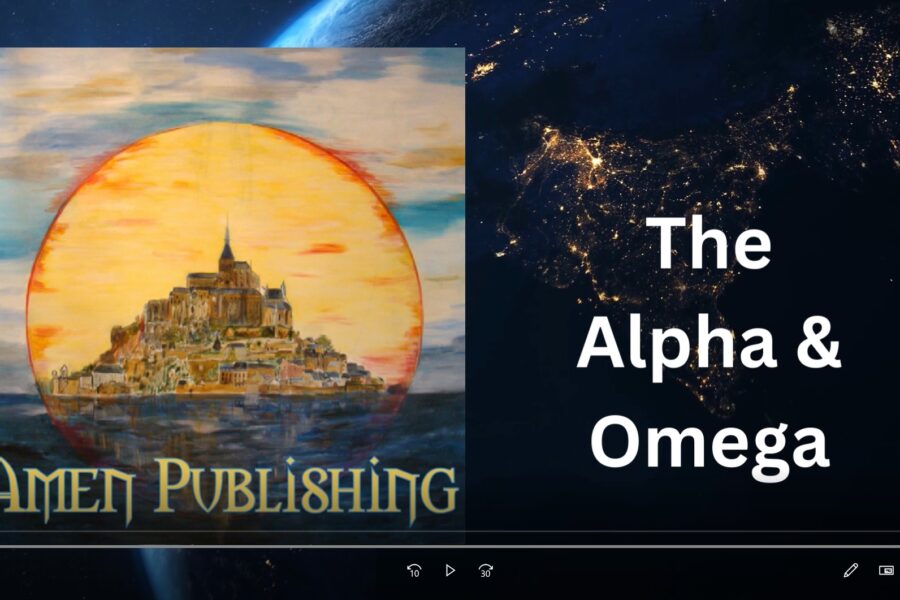 A painting of the moon and sun with the words " the alpha omega " on it.