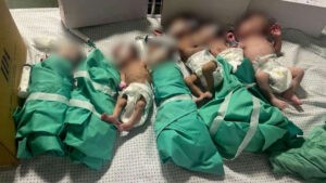 Five newborns wrapped in green cloths.