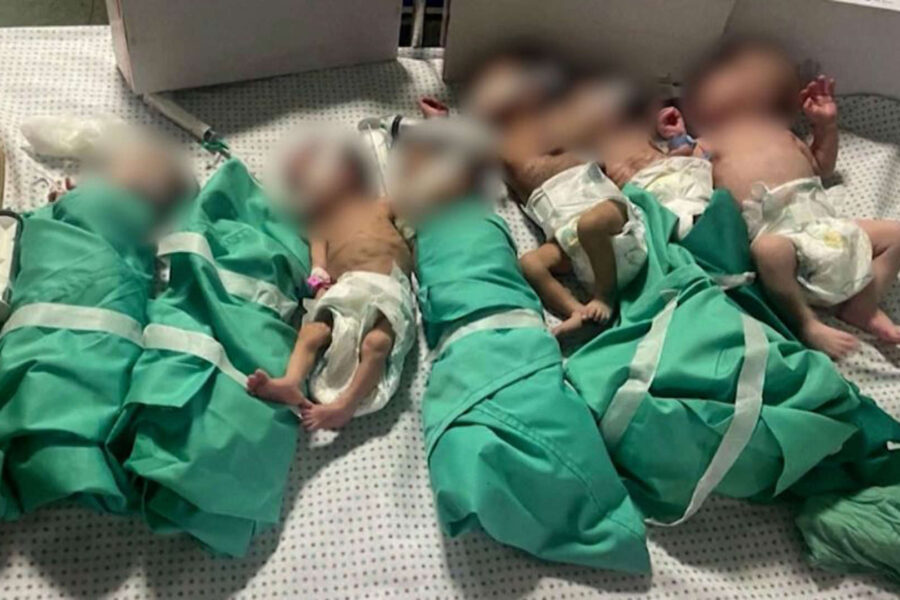 A group of babies wrapped in green blankets.