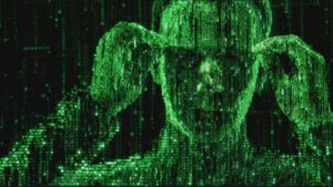 Digital figure with green matrix code background.