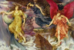 Mythical figures amidst a dramatic sea scene.